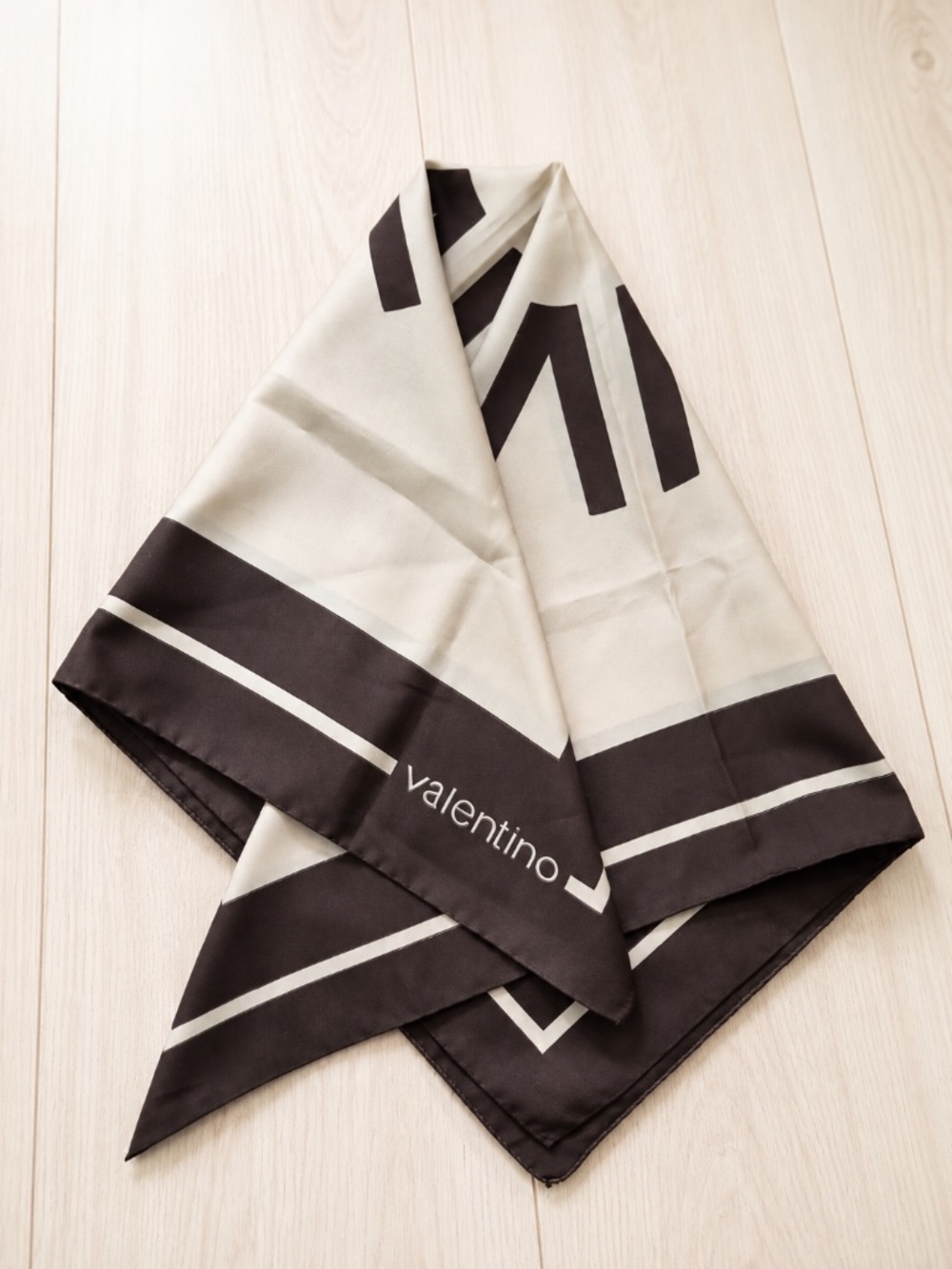 1970s VINTAGE: Valentino cream and dark brown silk table scarf - Stewardess unif